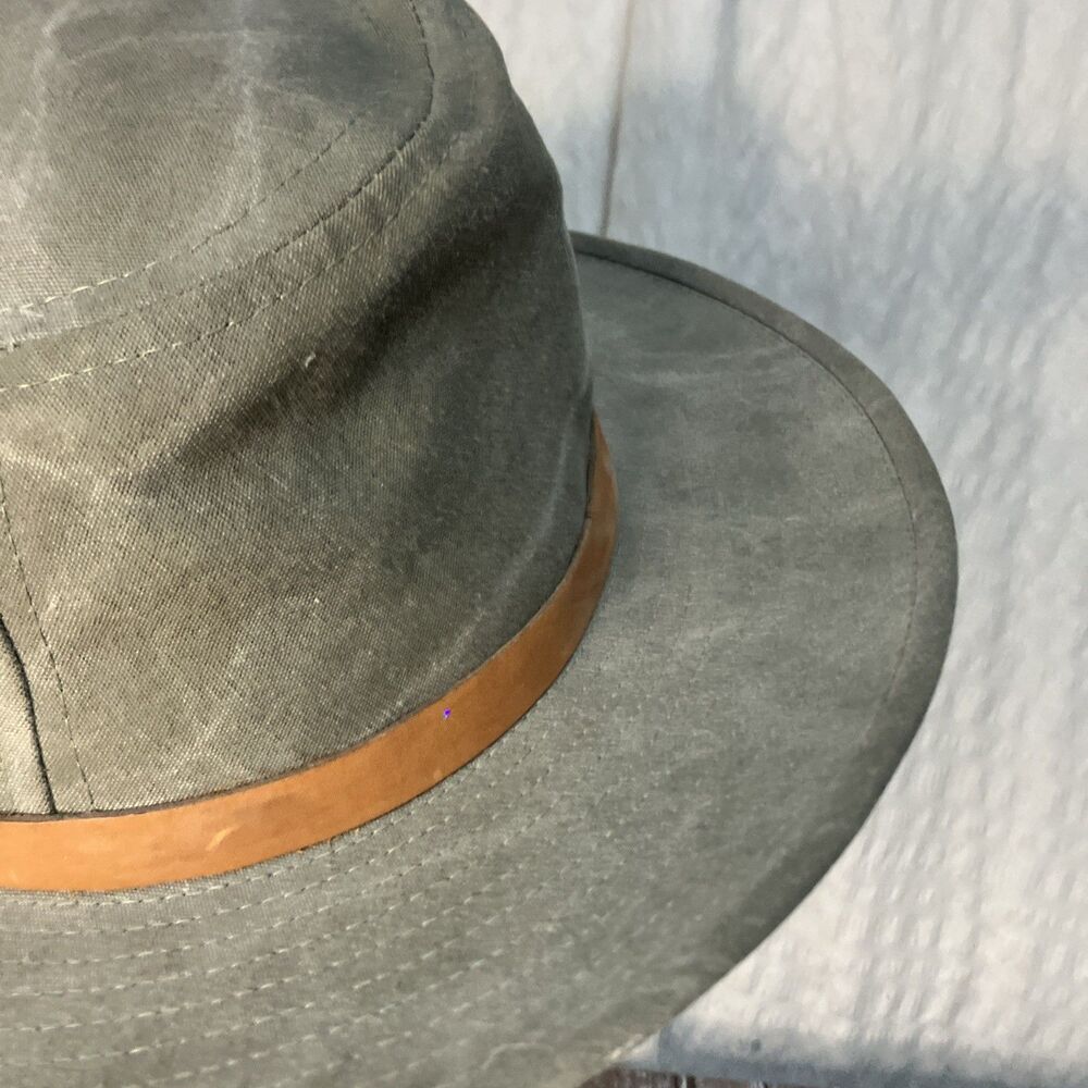 VTG SAGE Oilskin (waxed Cotton) Outback Safari Hat USA Leather Band L - Picture 6 of 11